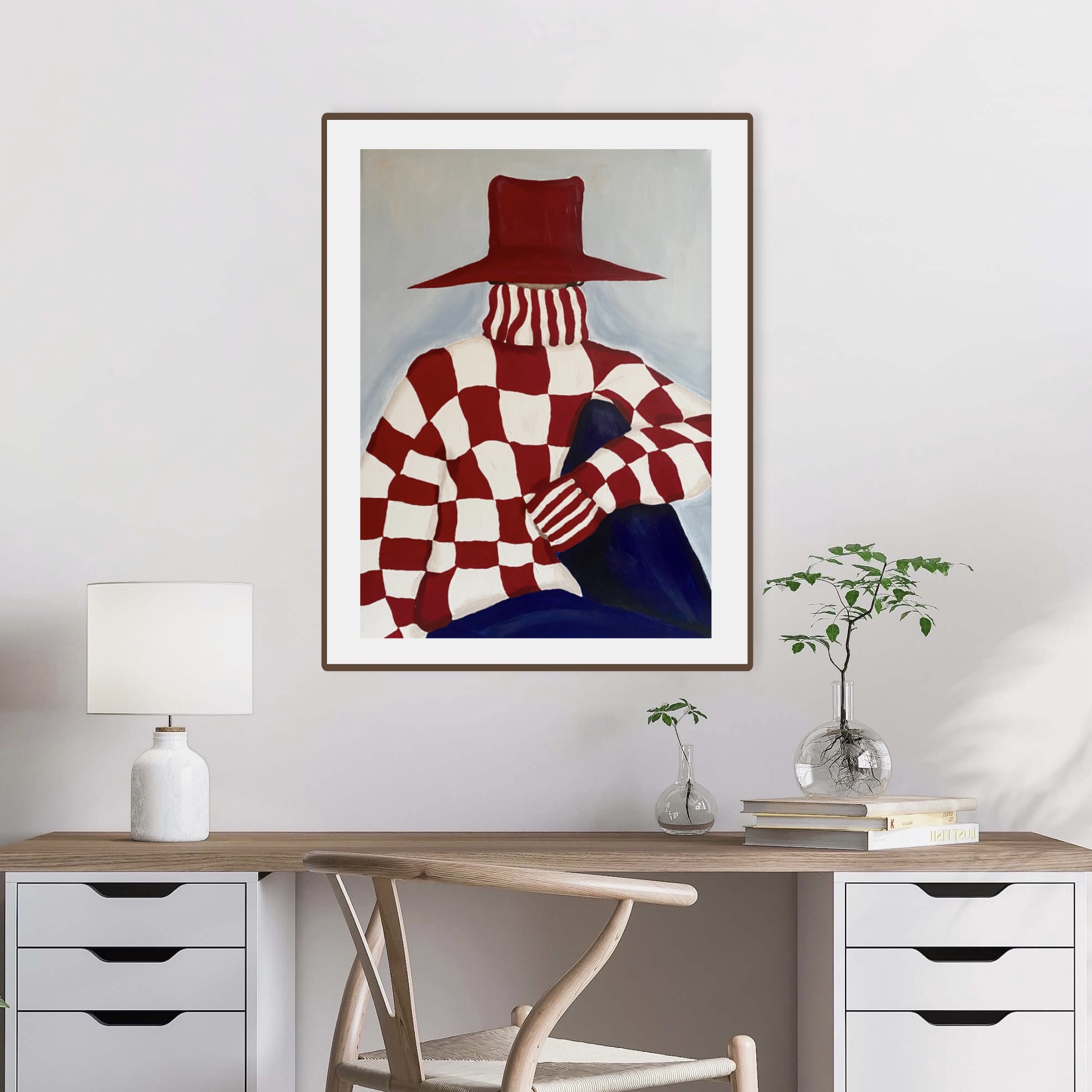 Artwork of a person with a red hat and checkered shirt