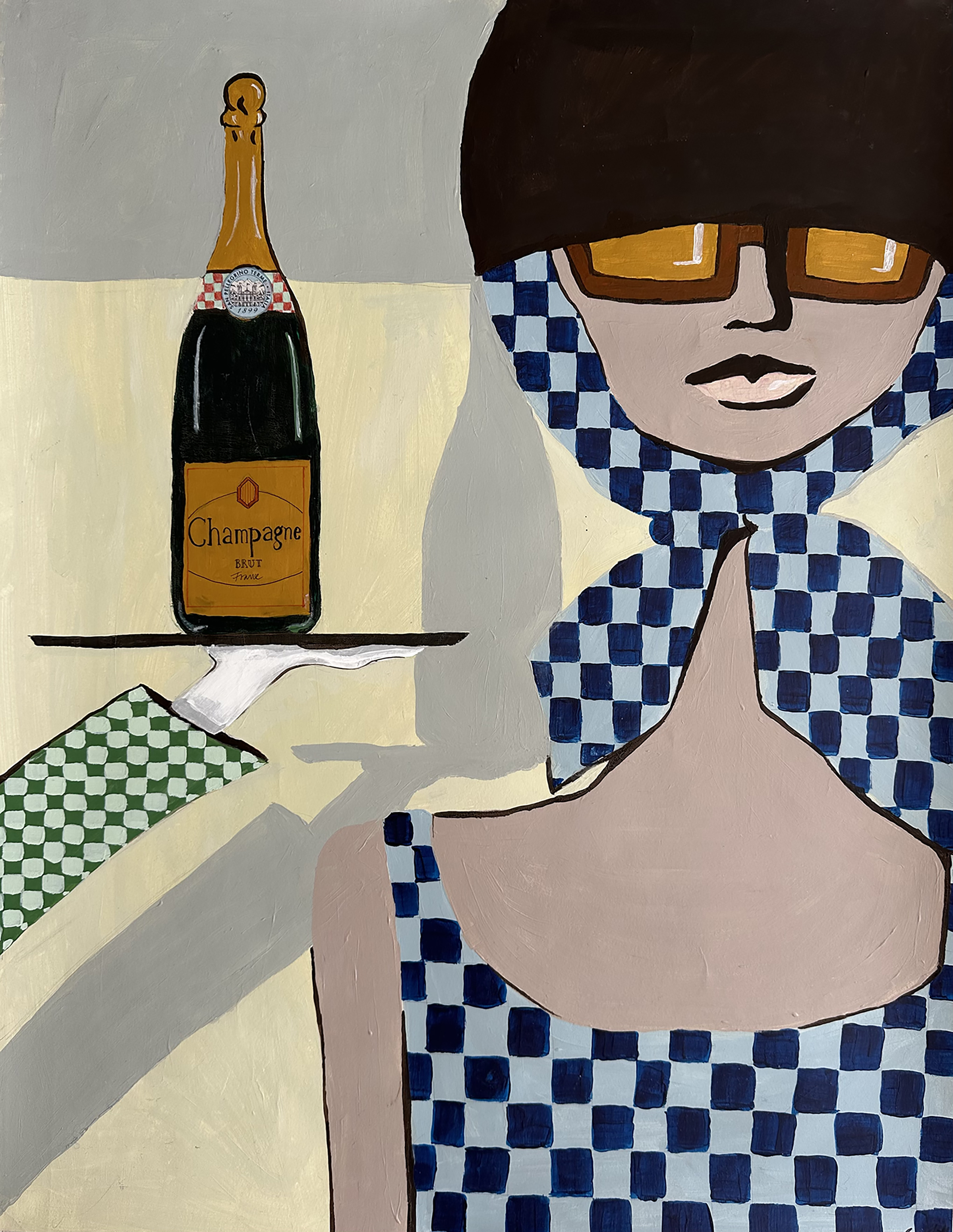 Painting featuring a champagne bottle and a person in sunglasses